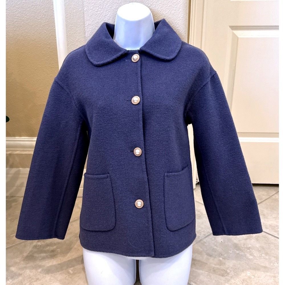Navy Blue Peter Pan Collar Wool Blend Jacket with Pearl Buttons Pockets Sz S